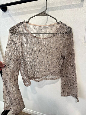SAGE THE LABEL Open-Knit Crewneck Sweater in Beige Size Small